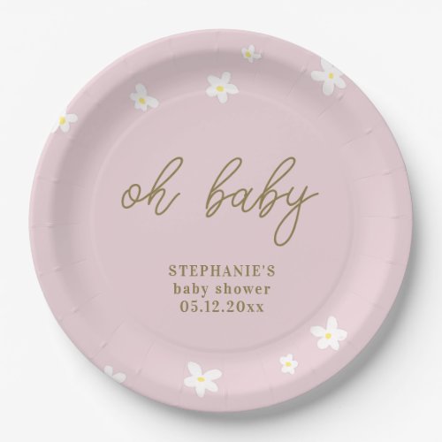 Boho Daisies Pink Gold Oh Baby Girl Shower Paper Plates