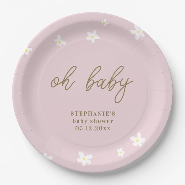Boho Daisies Pink Gold Oh Baby Girl Shower Paper Plates (Front)
