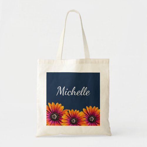 Boho Daisies Rustic Floral Botanical Navy Blue Tote Bag