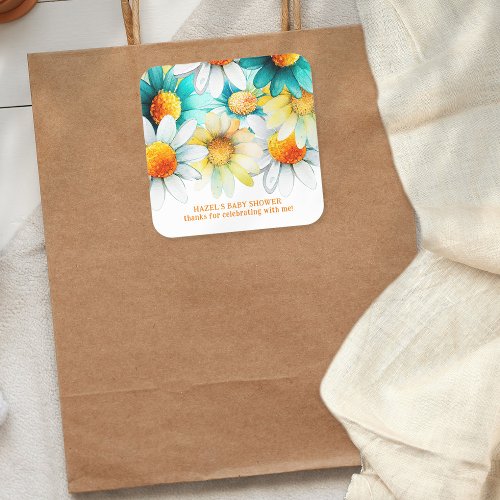 Boho Daisies Wildflower Name Baby Shower Thank You Square Sticker