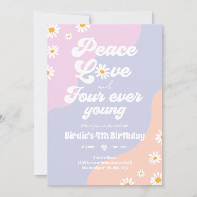 Boho Daisy 4th Birthday Peace Love Four Ever Young Invitation (Front)