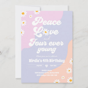 Boho Daisy 4th Birthday Peace Love Four Ever Young Invitation