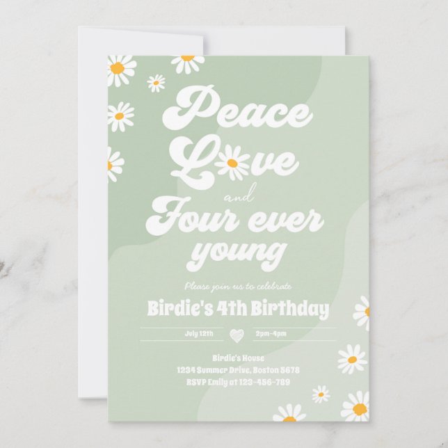 Boho Daisy 4th Birthday Peace Love Four Ever Young Invitation (Front)
