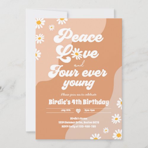 Boho Daisy 4th Birthday Peace Love Four Ever Young Invitation