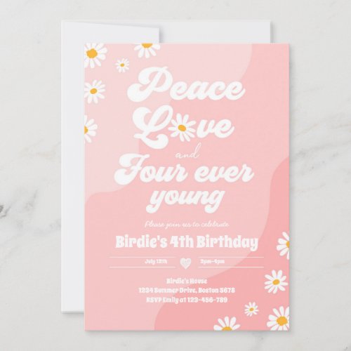 Boho Daisy 4th Birthday Peace Love Four Ever Young Invitation