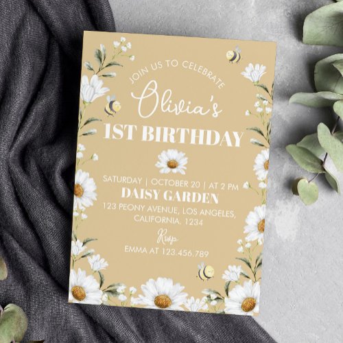 Boho Daisy Bee First Birthday Invitation
