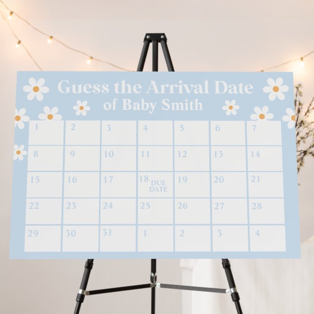 Boho Daisy Blue Baby Shower Due Date Poster (In Situ (Stand))