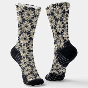 Boho Daisy blue pattern faux burlap Socks