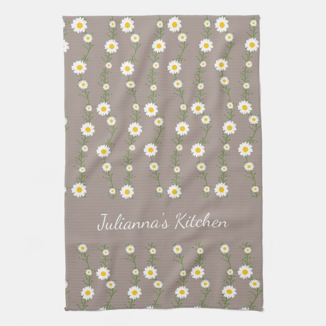 Boho Daisy Chain Floral Pattern Personalized Name Kitchen Towel (Vertical)