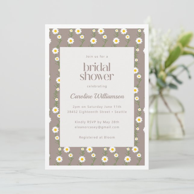 Boho Daisy Chain Floral Taupe Bridal Shower Invitation (Standing Front)