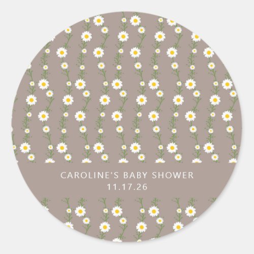 Boho Daisy Chain Floral Taupe Custom Baby Shower Classic Round Sticker