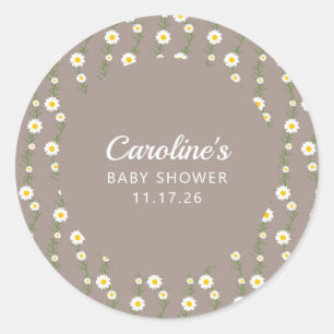 Boho Daisy Chain Taupe Custom Script Baby Shower Classic Round Sticker