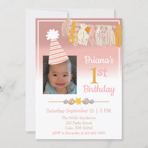 Boho Daisy Custom Photo Girls First Birthday Invitation