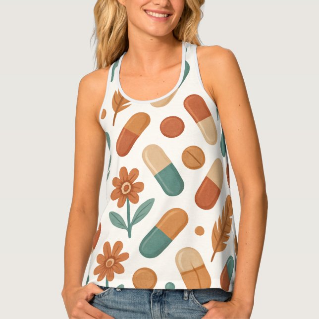 Boho Daisy Feather Pill Pharmacy Tank Top Shirt (Front)