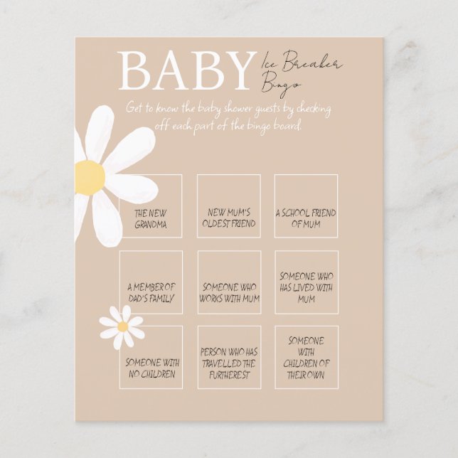 Boho Daisy Floral Baby Ice Breaker Bingo Game (Front)