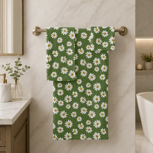 Boho Daisy Floral Pattern Green Bath Towel Set (Creator Uploaded)