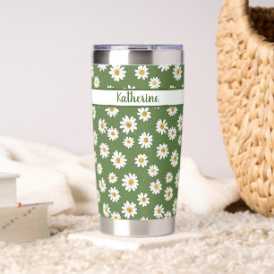 Boho Daisy Floral Pattern Green Insulated Tumbler