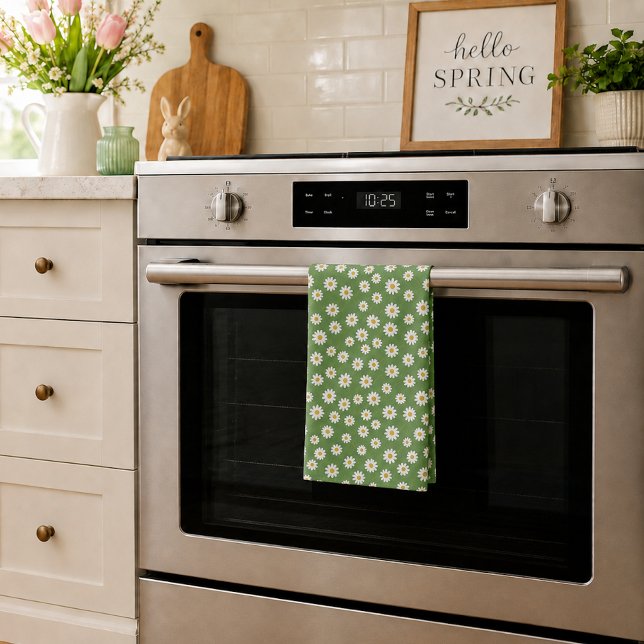 Boho Daisy Floral Pattern Green Kitchen Towel (Creator Uploaded)