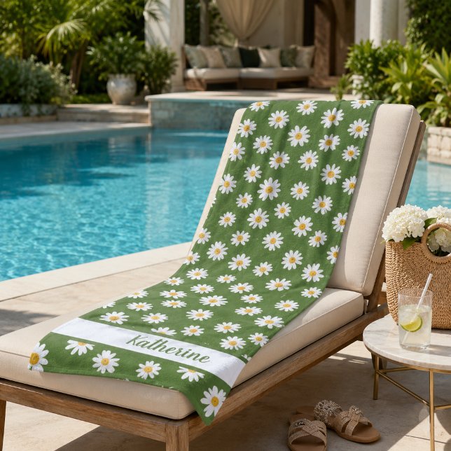 Boho Daisy Floral Pattern Green Name  Beach Towel (Creator Uploaded)