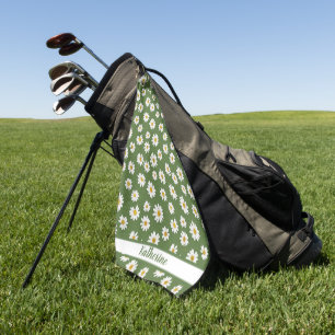 Boho Daisy Floral Pattern Green Name  Golf Towel