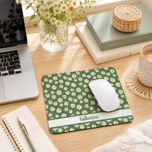 Boho Daisy Floral Pattern Green Name Mouse Pad