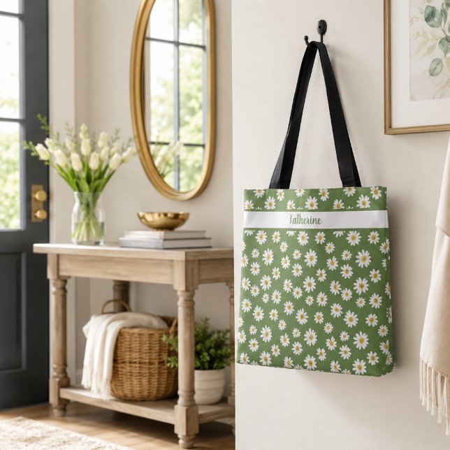 Boho Daisy Floral Pattern Green Name  Tote Bag (Creator Uploaded)