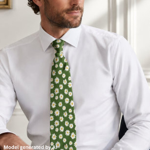 Boho Daisy Floral Pattern Green Neck Tie