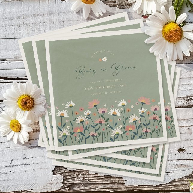 Boho Daisy Floral Sage Green Baby in Bloom Shower Napkins (Creator Uploaded)