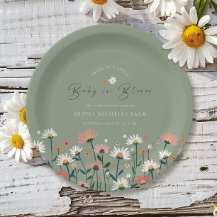 Boho Daisy Floral Sage Green Baby in Bloom Shower Paper Plates