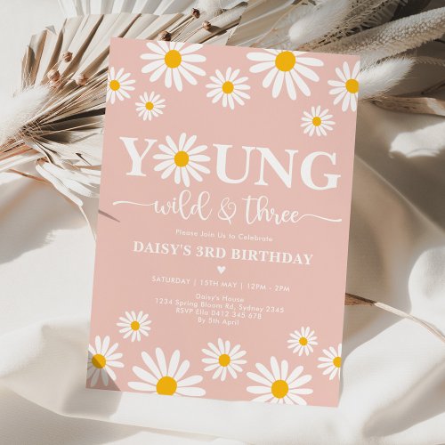 Boho Daisy Floral Young Wild  Three 3rd Birthday Invitation