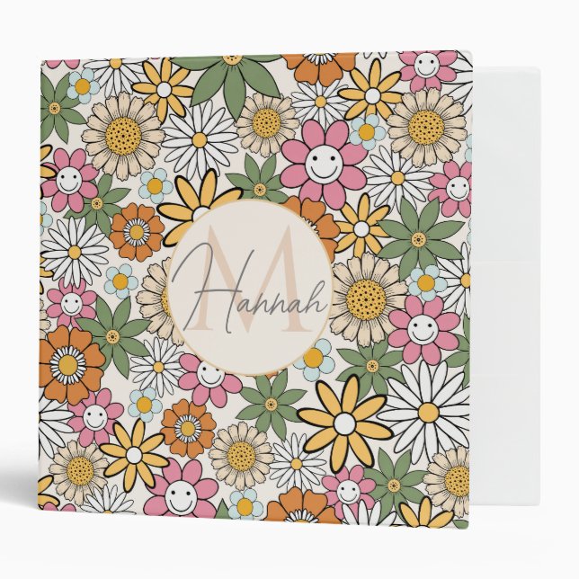 Boho Daisy Flowers 70s Groovy Floral 3 Ring Binder (Front/Inside)