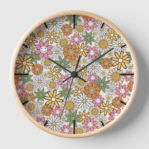 Boho Daisy Flowers 70s Groovy Floral Clock