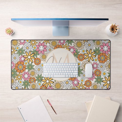 Boho Daisy Flowers 70s Groovy Floral Desk Mat