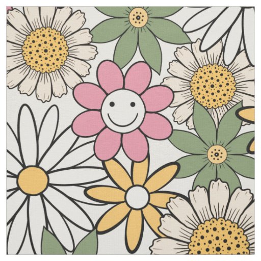Boho Daisy Flowers 70s Groovy Floral Fabric