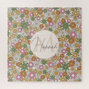 Boho Daisy Flowers 70s Groovy Floral Jigsaw Puzzle