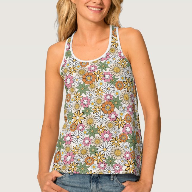 Boho Daisy Flowers 70s Groovy Floral Tank Top (Front)