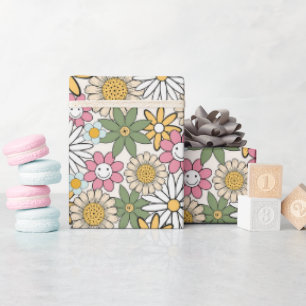 Boho Daisy Flowers 70s Groovy Floral Wrapping Paper