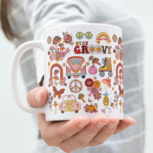 Boho Daisy Flowers Retro Groovy Floral design Giant Coffee Mug