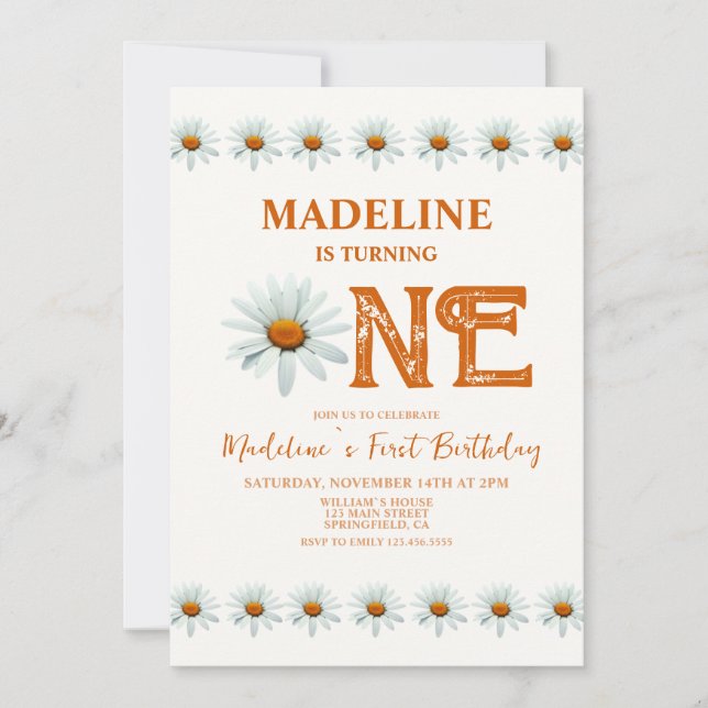 Boho Daisy Girls 1st Birthday Party  Invitation (Front)