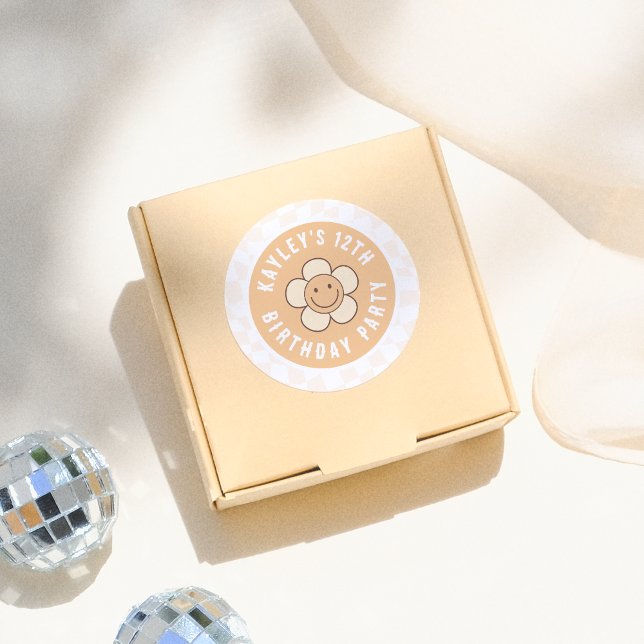 Boho Daisy Groovy Retro Girl Birthday Party Classic Round Sticker (Creator Uploaded)