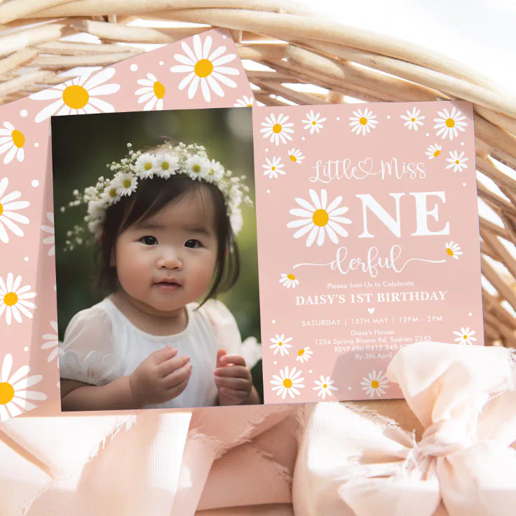 Boho Daisy Little Miss ONEderful Photo Birthday Invitation