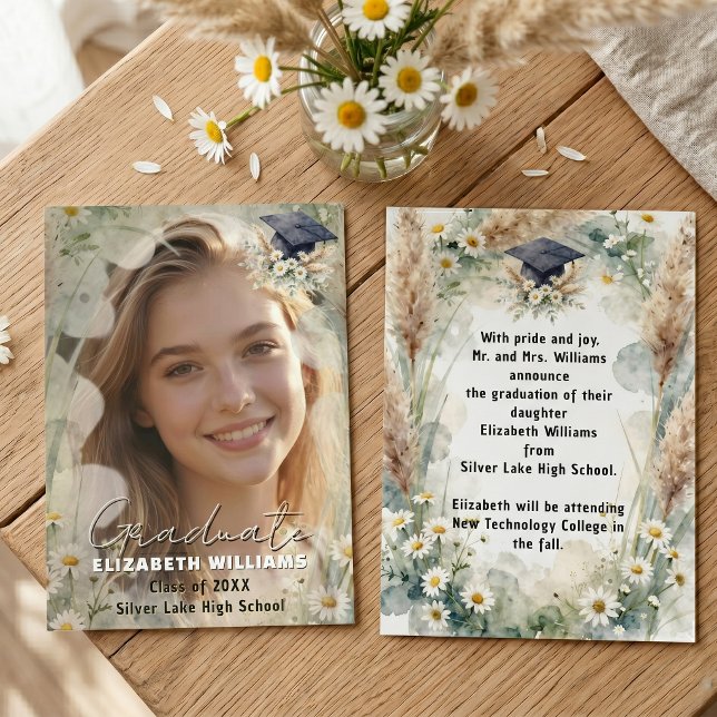 Boho Daisy Pampas Grass Photo Graduation Announcement (Creator Uploaded)