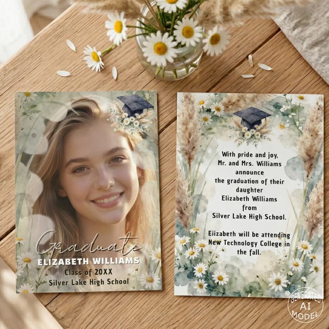 Boho Daisy Pampas Grass Photo Graduation Announcement (Creator Uploaded)