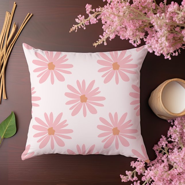 BOHO Daisy Pattern Coral Pink Floral Throw Pillow (Creator Uploaded)