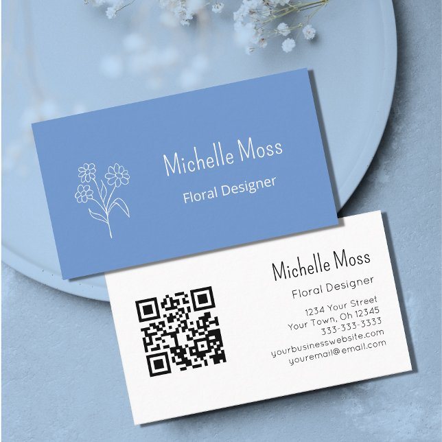  Boho Daisy QR code Blue Floral Designer   Business Card (Creator Uploaded)