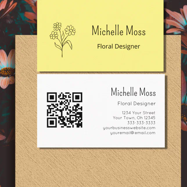 Boho Daisy QR code Yellow Floral Designer Business Card | Zazzle