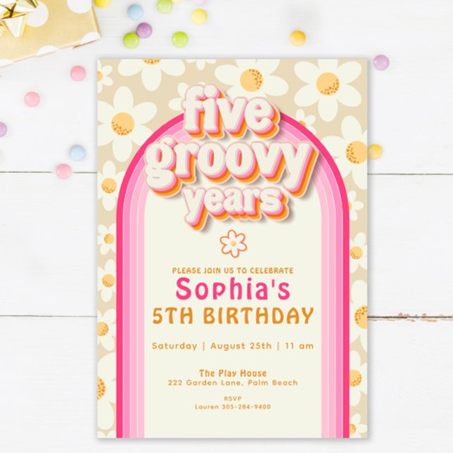Boho Daisy Rainbow Birthday Invitation – Retro Gro (Creator Uploaded)
