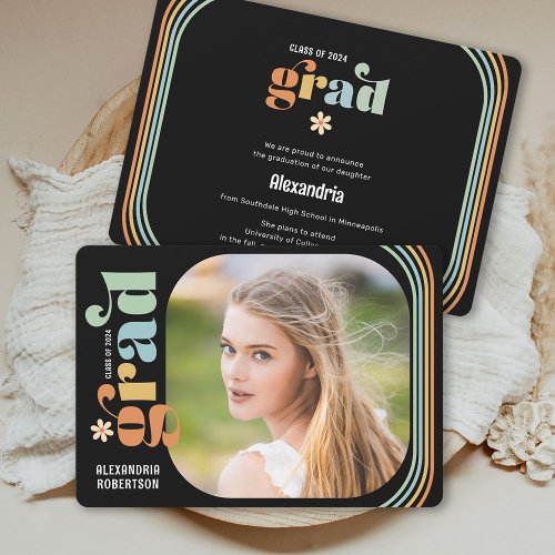 Boho Daisy Retro Text Photo Graduation Announcement