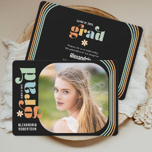 Boho Daisy Retro Text Photo Graduation Party Invitation