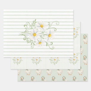 Boho Daisy Silly Goose Sage Green Baby Shower Wrapping Paper Sheets